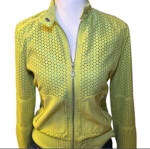 Kenneth Cole Neon Yellow Perforated Leather Jacket XS Moto Zip Up Blue Lined